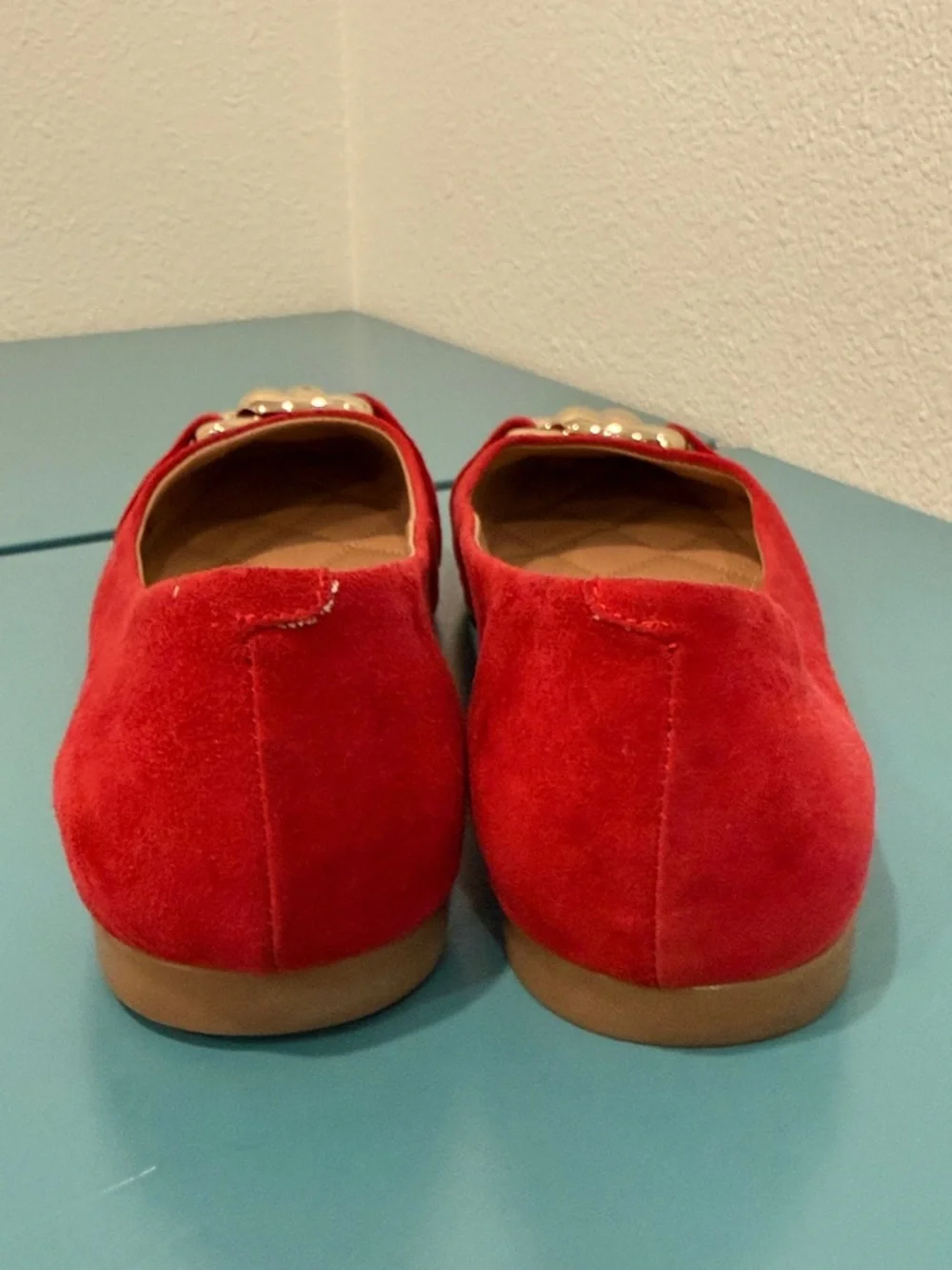 AEROSOLES Candice Red Suede Flats with Gold Chain Accent